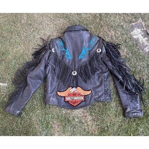 Vintage Harley Davidson Leather Tassel Jacket Blue Flames Size 44 1998 Patch